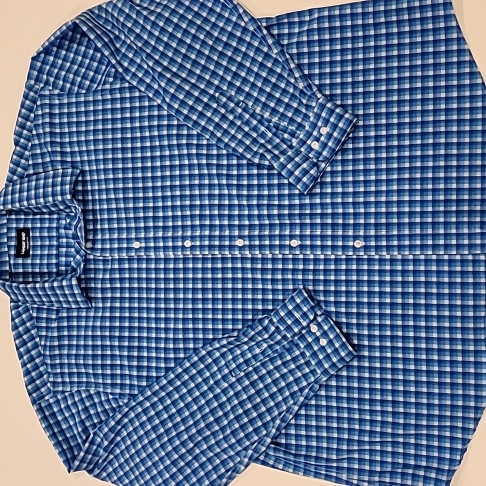 Lands' End Plaid Regular Fit Shirt Blue Teal White 18-18.5 34-351 - Picture 3 of 10